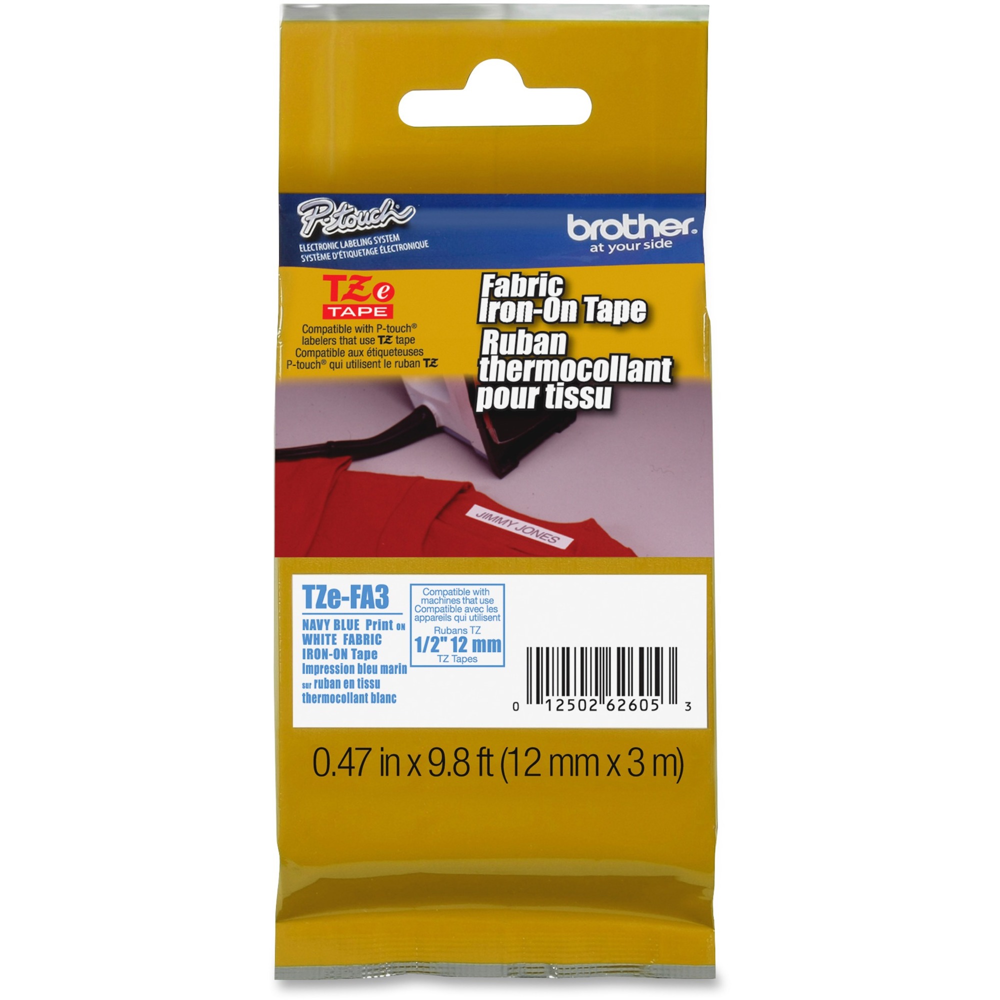 12mm (1/2) Navy Blue on White Fabric Iron-on Non-Laminated Tape (8m/26.2) (1/Pkg) For use in TZ P-Touch: All TZ Machines