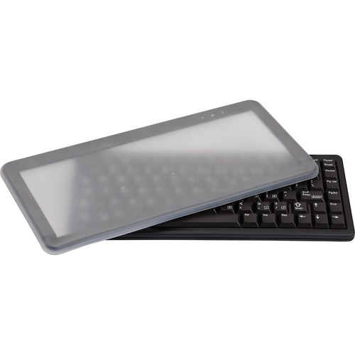 EZ CLEAN BLACK 11 INCH ULTRASLIM KEYBOARD EZ CLEAN FLAT COVER US LAYOUT SPACE REDUCED 86 KEY POSITION LAYOUT WINDOWS KEYS USB AND PS/2 CONNECTORS MECHANICAL KEYSWITCHES LASER ETCHED