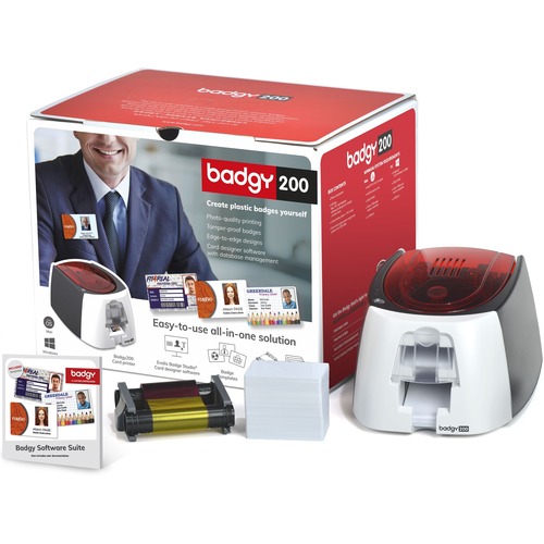 BADGY200 CARD PRINTING SOLUTION 1 BADGY200 PRINTER SINGLE SIDED 1 COLOR RIBBON FOR 100 PRINTS AND 100CT PVC CARDS(30MIL) WITH BADGE STUDIO+ SOFTWARE