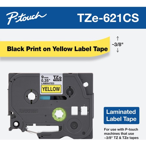 P-Touch TZE-621 Laminated Label Tape (Black/Yellow) (3/8 x 26-1/4) (Indoor/Outdoor) (ink Color: Black)