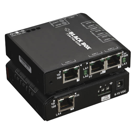 Box Hardened Convenient Switch 12 VDC - 4 Ports - 4 x RJ-45 - 10/100Base-TX - Desktop Rack-mountable Rail-mountable