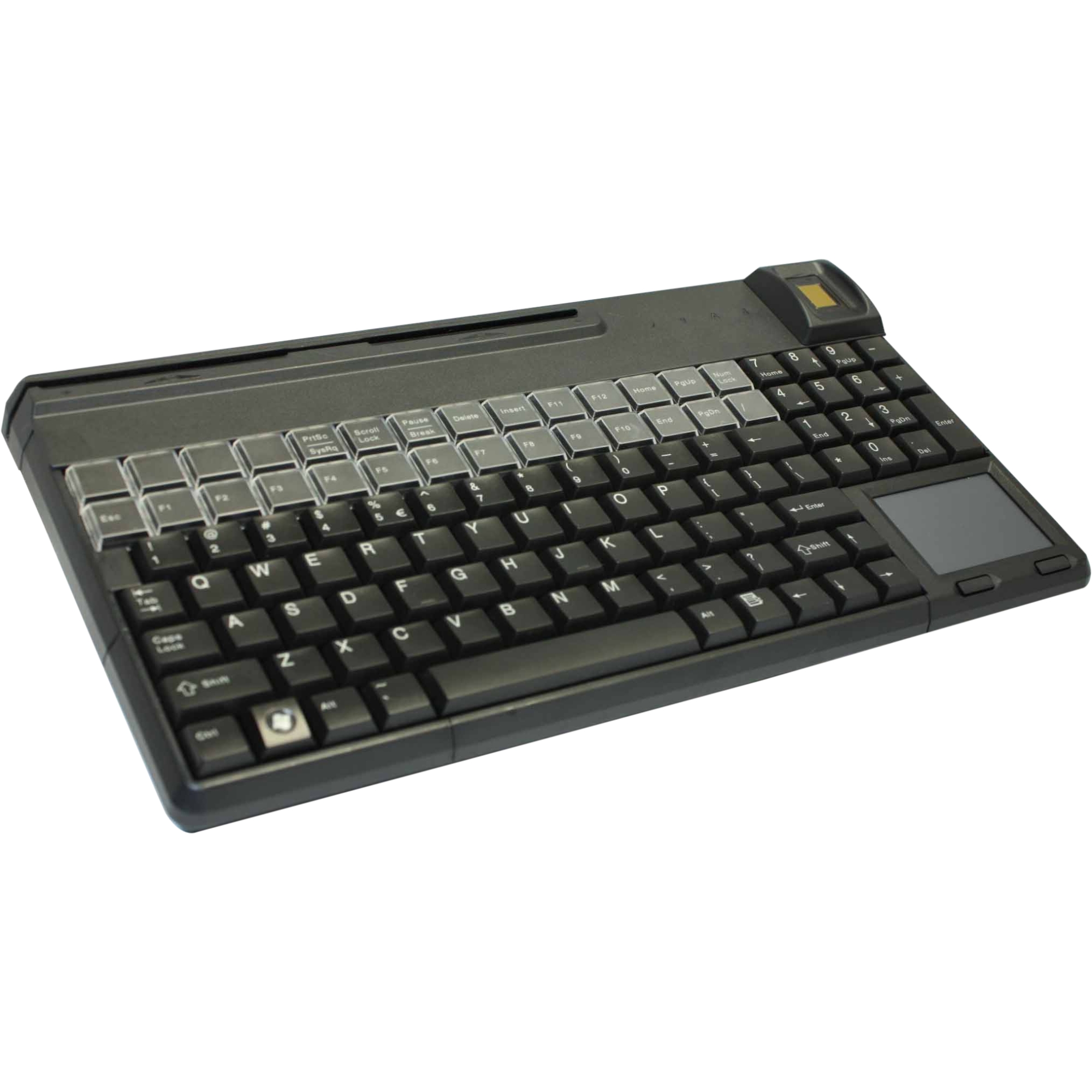 SPOS BIO BLACK 14 INCH USB KEYBOARD WITH TOUCHPAD US 106 POSITION KEY LAYOUT UPEK TCS2 BIOMETRIC SENSOR IP 54 SPILL AND DUST RESISTANT KEY FIELD INCLUDES CHERRY TOOLS AND UPOS SUPPORT