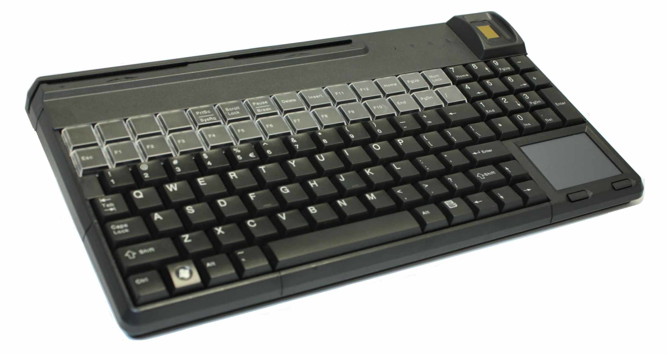 SPOS BIO BLACK 14 INCH USB KEYBOARD US INTL 117 POSITION KEY LAYOUT UPEK TCS2 BIOMETRIC SENSOR IP 54 SPILL AND DUST RESISTANT KEY FIELD INCLUDES CHERRY TOOLS AND UPOS SUPPORT LASERED