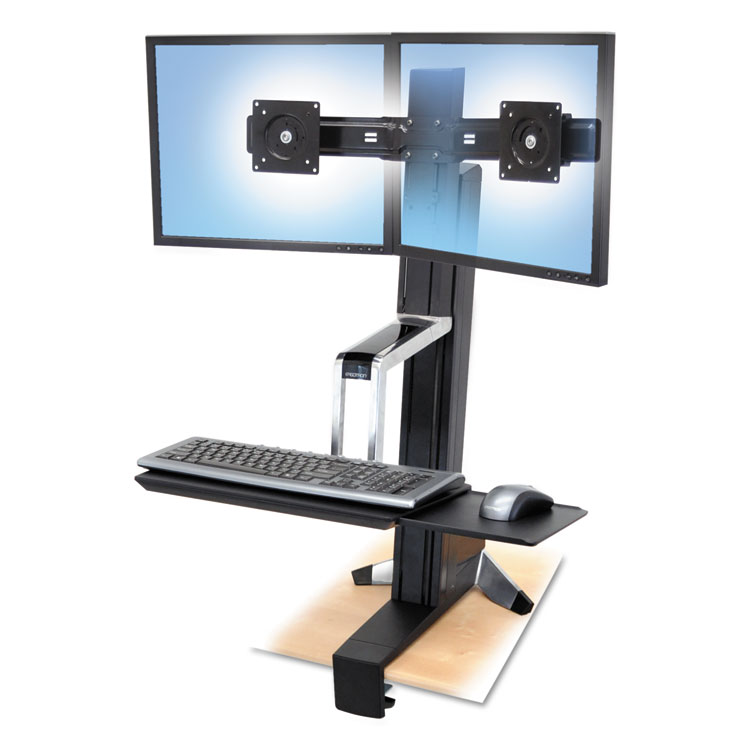 WorkFit-S Dual Monitor Standing Desk Workstation - Mounting kit (desk clamp mount column 2 pivots crossbar keyboard / mouse tray) for 2 LCD displays / keyboard / mouse - black - screen size: up to 24 inch - desktop