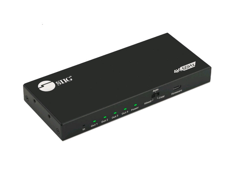 4-PORT HDMI SPLITTER 18GBPS 4K 60HZ HDR DISTRIBUTES 4K HDMI VIDEO/AUDIO SIGNAL